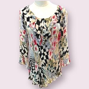 Vtg Eclectic Whimsical Floral Ruffled Tunic Top Size L/XL Dopamine Artsy Fairy‎